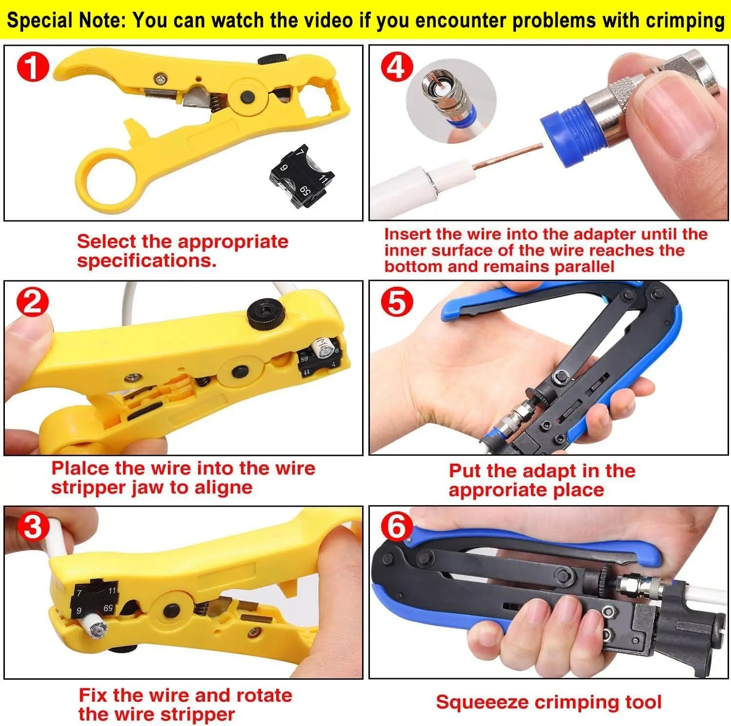 Coaxial Compression Tool Coax Cable Crimper Kit with 20 PCS F Style RG6 Connectors Adjustable RG6 RG59 Coaxial Cable Stripper