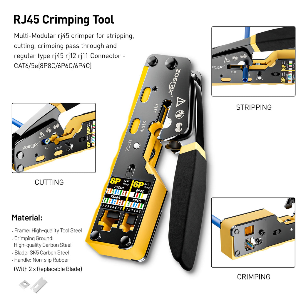 ZoeRax Network Tool Kit，RJ45 Crimp Tool kit Pass Through Crimper RJ45 Crimping Tool, Cable Tester, Punch Down Tool, Stripper