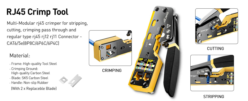 ZoeRax Network Tool Kit，RJ45 Crimp Tool kit Pass Through Crimper RJ45 Crimping Tool, Cable Tester, Punch Down Tool, Stripper